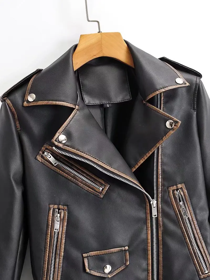 New Women Autumn Winter Black Faux Leather Jackets Zipper Basic Coat Turn-down Collar Motor Biker Jacket With Belt Motorcycle