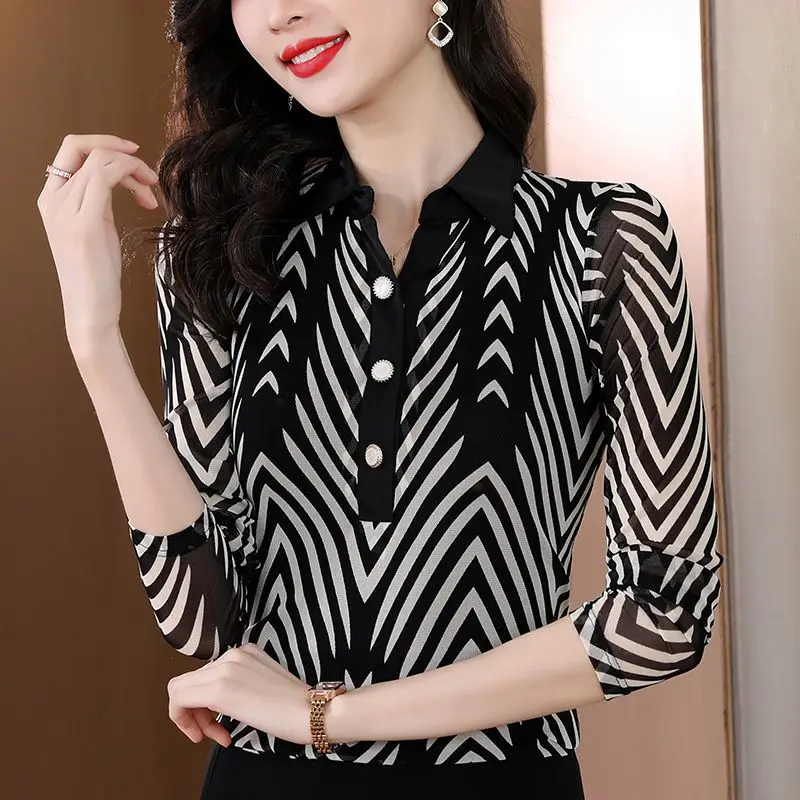 Women Korean Fashion Striped Print Elegant Blouses Office Lady Turn Down Collar Casual Button Shirts Long Sleeve Slim Tops Blusa