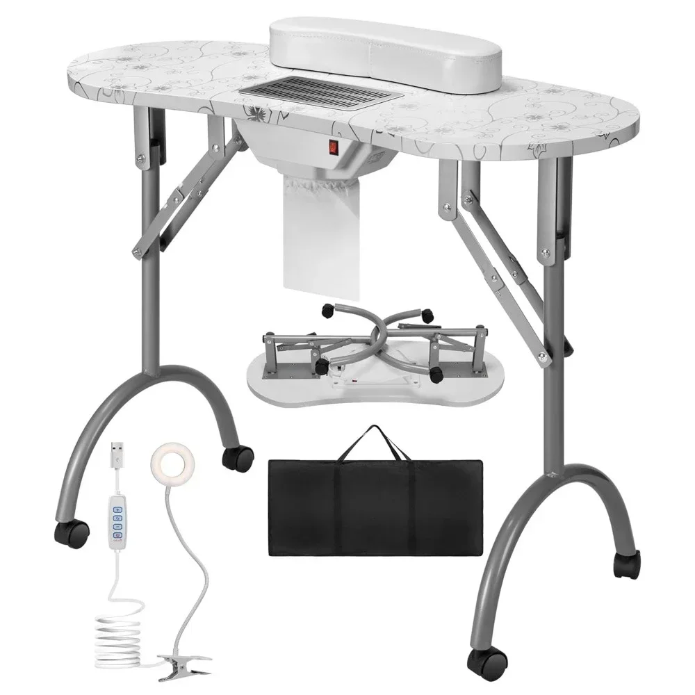 

Portable Manicure Nail Table on Wheels with Built-in Dust Collector, Updated USB-Plug LED Table Lamp, Carry Bag