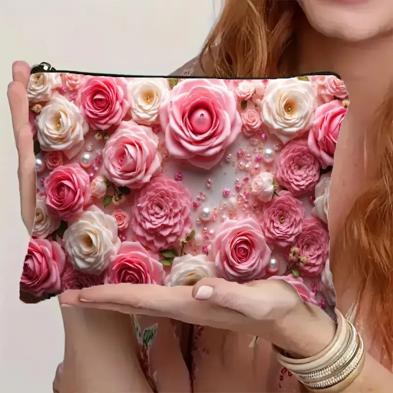 1pc Pink White Rose Pearl Makeup Bag perfect for organizing cosmetics, stationery, cables, snacks, toiletries and essentials