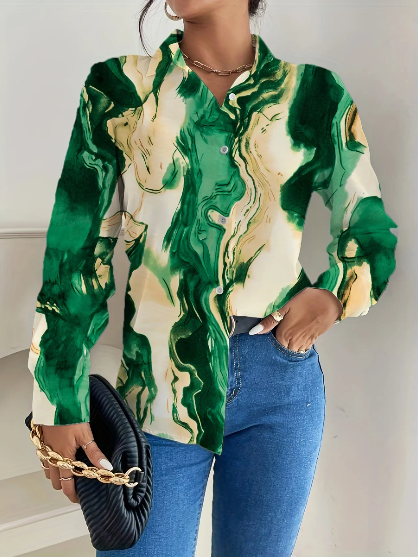 Nueva llegada elegante pintura al óleo impresión camisa de mujer Top-Blusa de moda