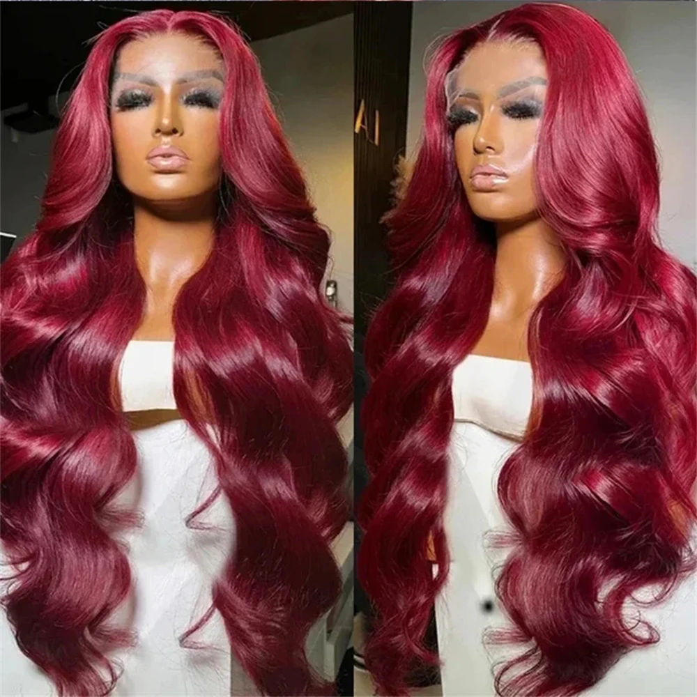 

30 Inch 99J Burgundy Body Wave Lace Frontal Human Hair Wigs 13x4 Transparent Lace Front Wig Preplucked Red 99J Colored Remy Wig