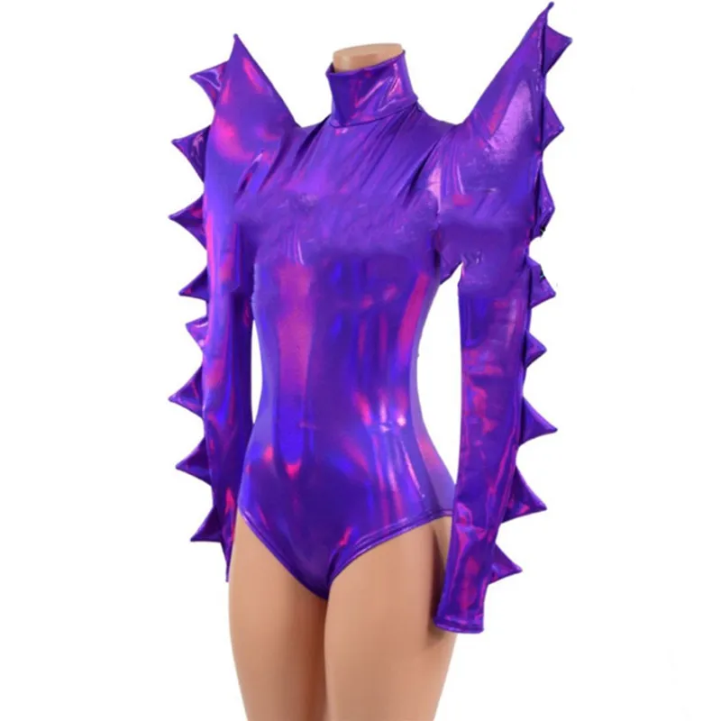 Body à épaules exagérées au Laser violet, Costume de danse Gogo Sexy pour boîte de nuit, tenues de Festival, Costume de Cosplay, vêtements de spectacle sur scène