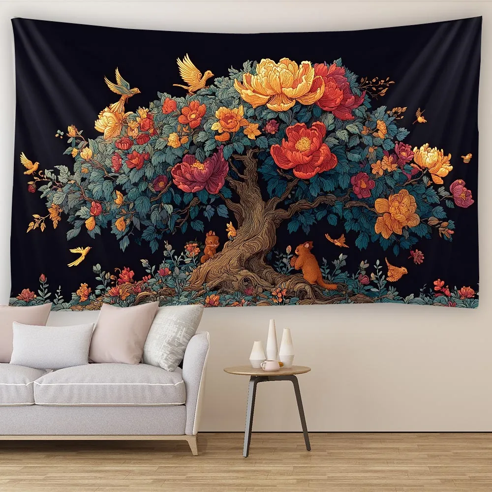

Vintage Tree of Life Tapestry, Flying Bird Flowers, Bohemian Style Living Room, Featured Wall Decoration Room Wall Hanging Cloth