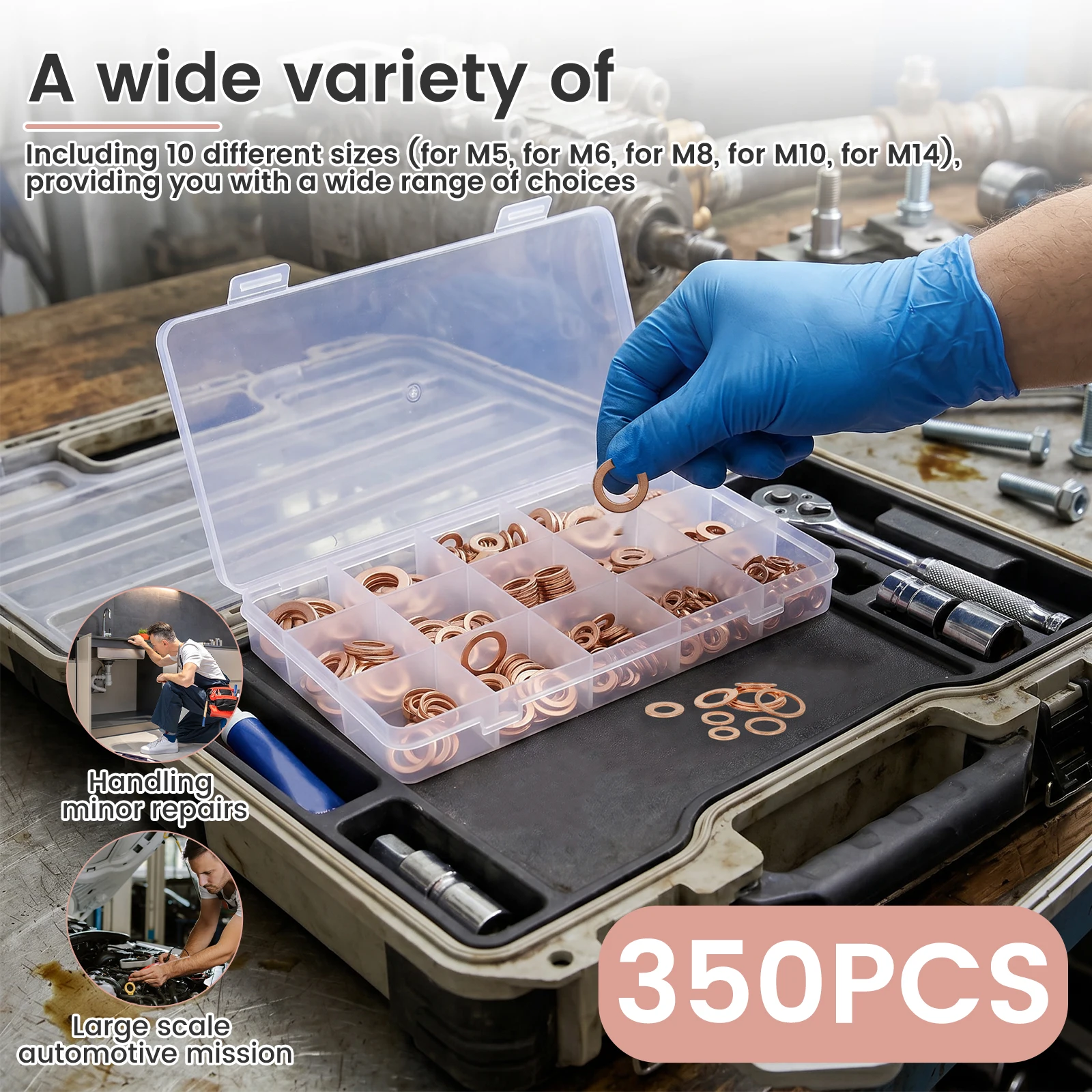 Red Copper Crush Washer Kit For Automotive 350 Pcs Solid Sealing Washers Assortment Set Flat Gaskets For Hydraulic Drain Plug