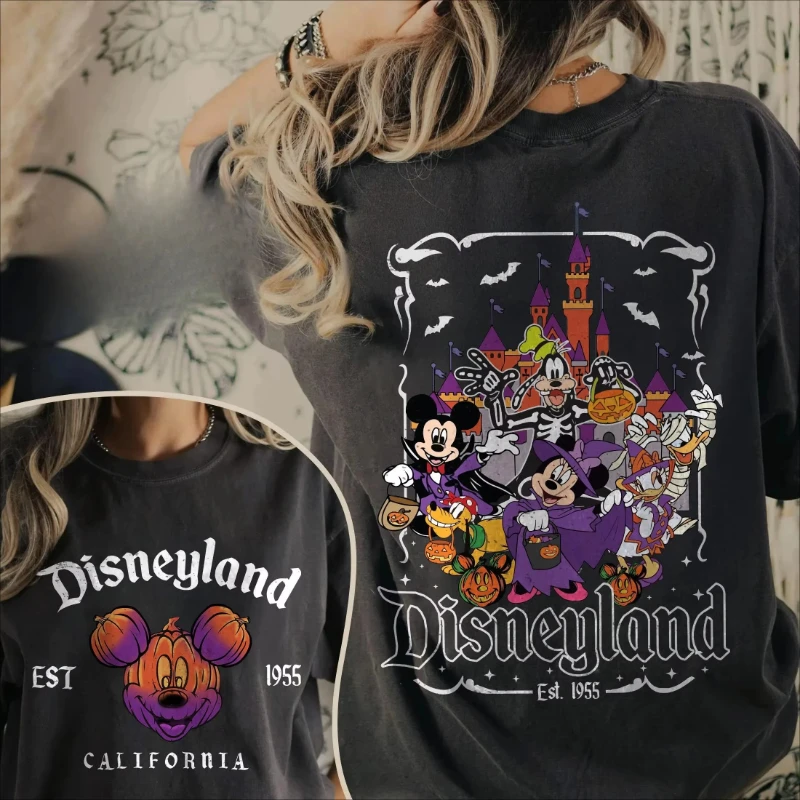 

Винтажные удобные цвета Disney Disney, рубашки с тыквой на Хэллоуин, Disney Mickey Friends, мужская и женская хлопковая рубашка на Хэллоуин
