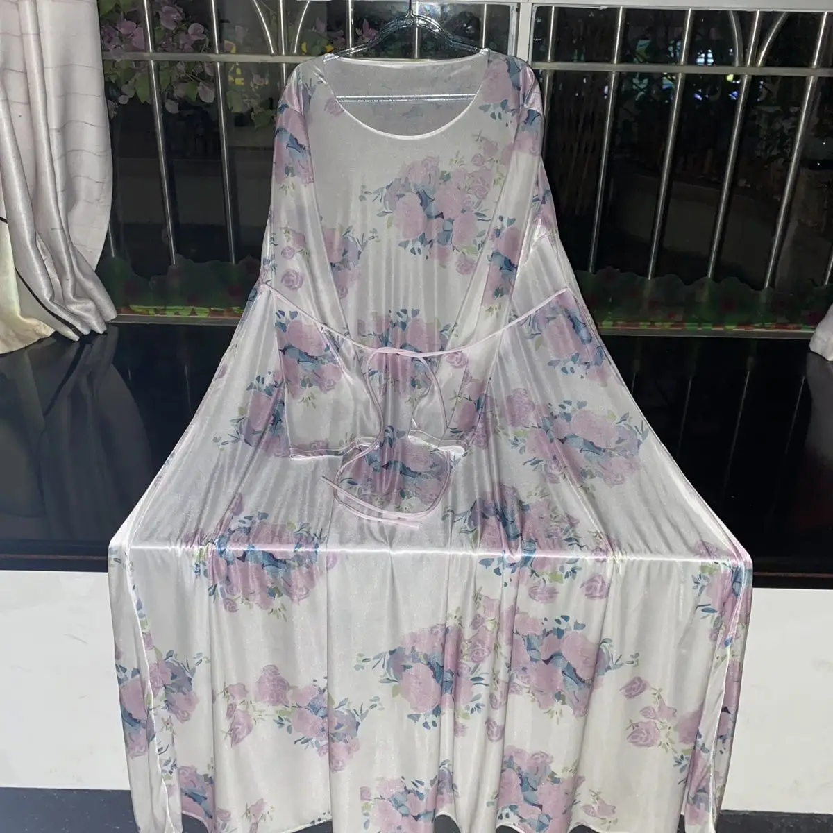Floral Print Glossy Sexy Women Satin Long Dress Long Sleeve Loose Night Dress Plus Size Sleeping Robe