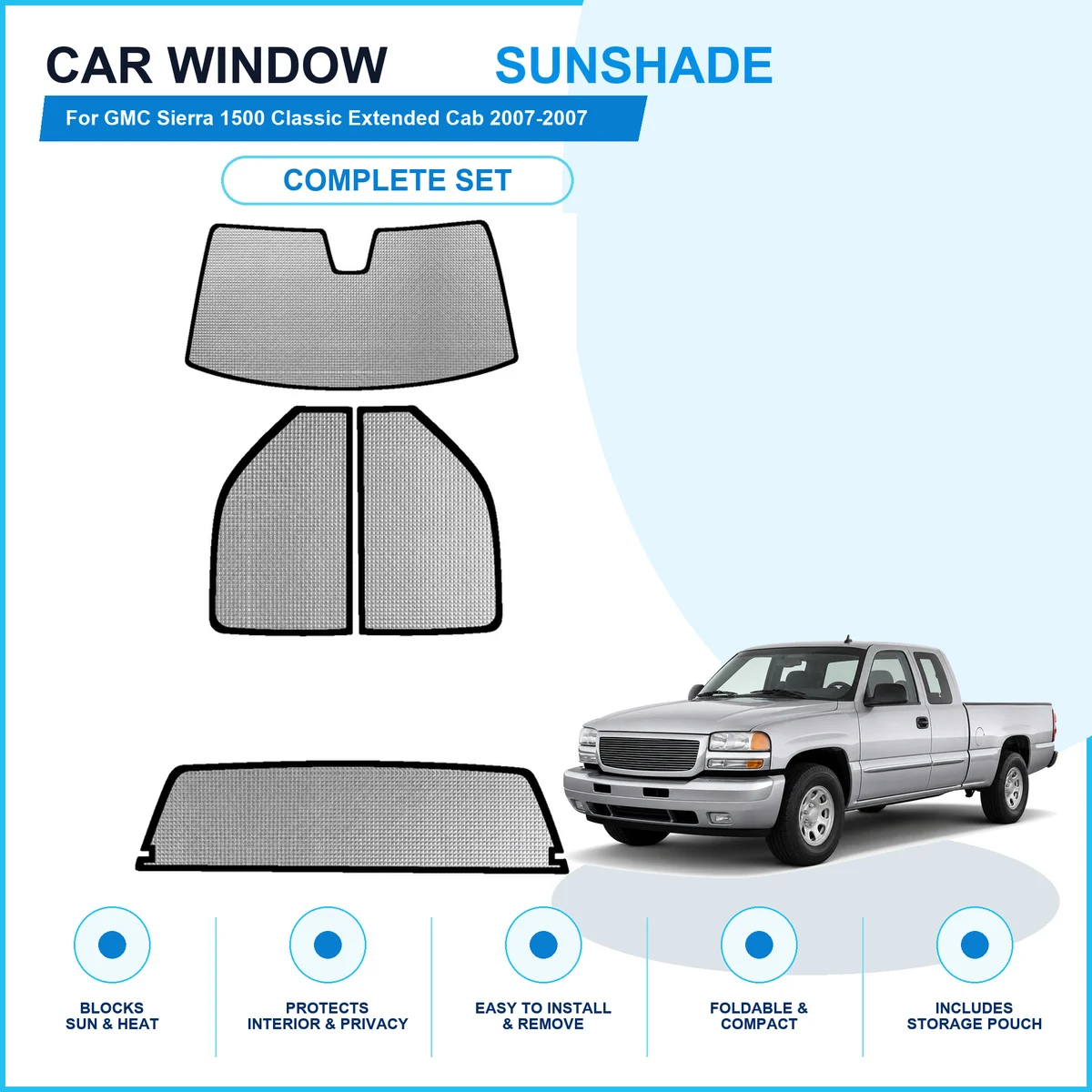 For GMC Sierra 1500 Classic Extended Cab 2007-2007 Custom Full Set Window Sunshades Aluminum Foil Suction Cup Anti UV Privacy