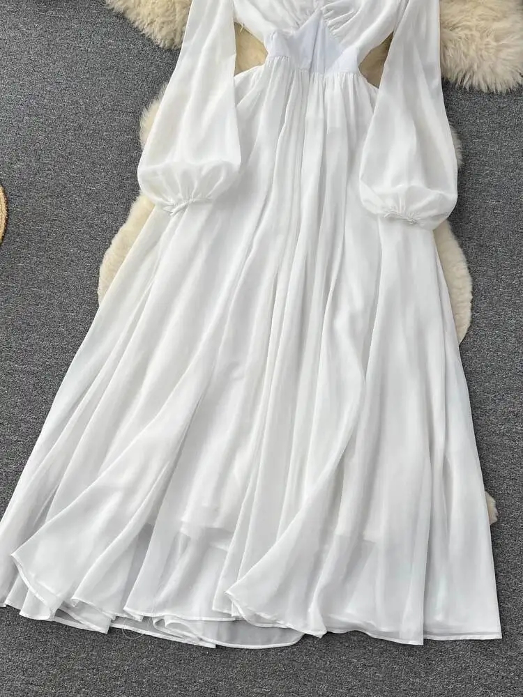 Femmes Robe en maille blanche printemps été Sexy col en v lanterne à manches longues pure robes longues dames élégant a-ligne fête longue Robe