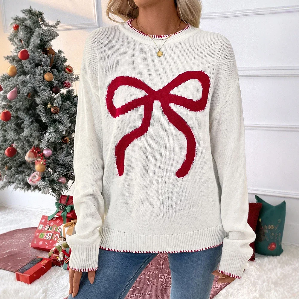 

Women's Sweater Winter Casual Comfortable Bowknot Contrast Color Long Sleeve Crew Neck Daily Sweater