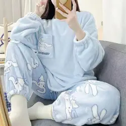 Kawaii Sanrio Anime Hobby Cinnamoroll Cartoon Girl Coral Velvet Thickened Warm Pajamas Two-Piece Home Wear Set