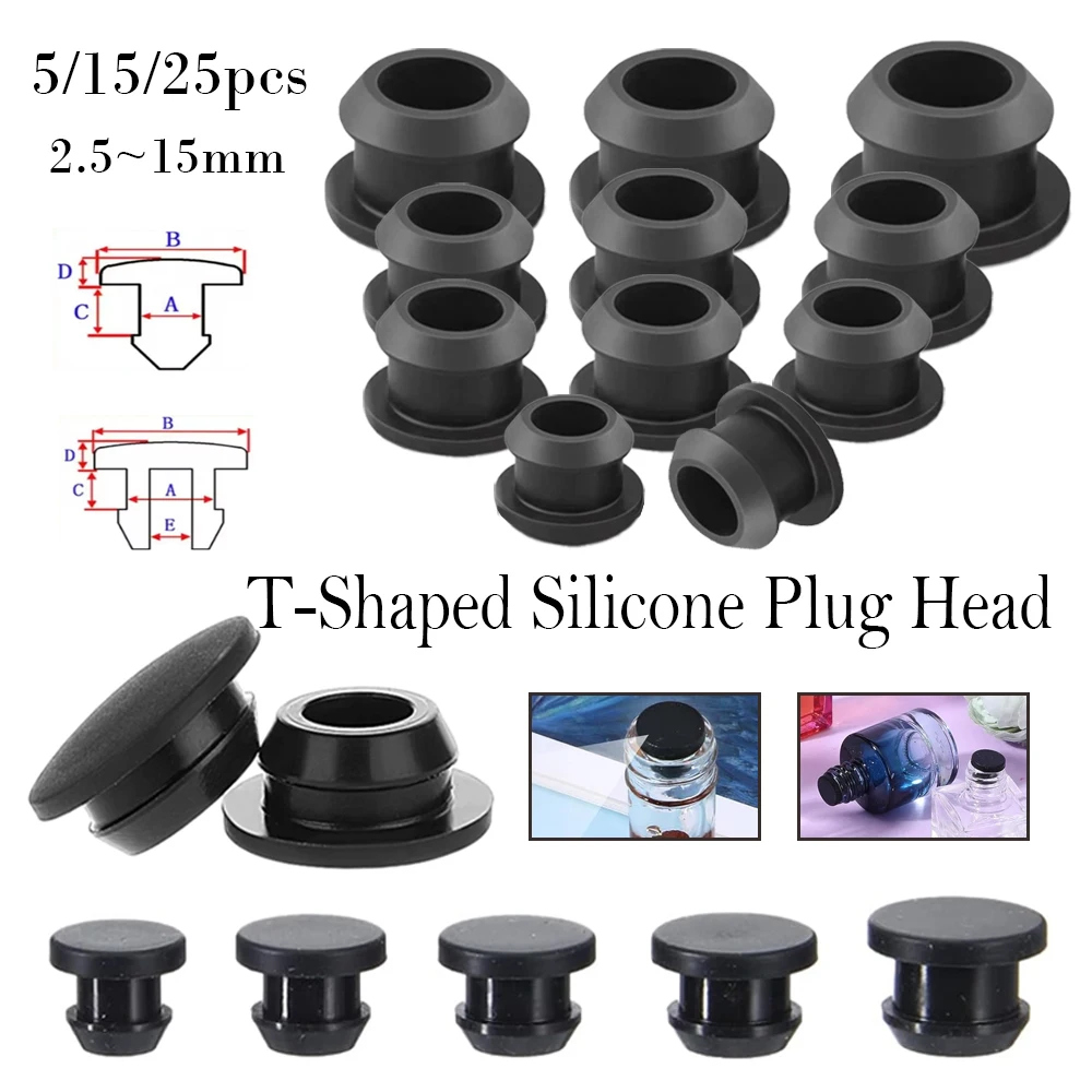 Tampa de borracha de silicone preta, 5-25 peças, tampa de extremidade, inserções de tubo, rolha de vedação tipo t, tampa de plugue de buraco, vedação2.5-15mm