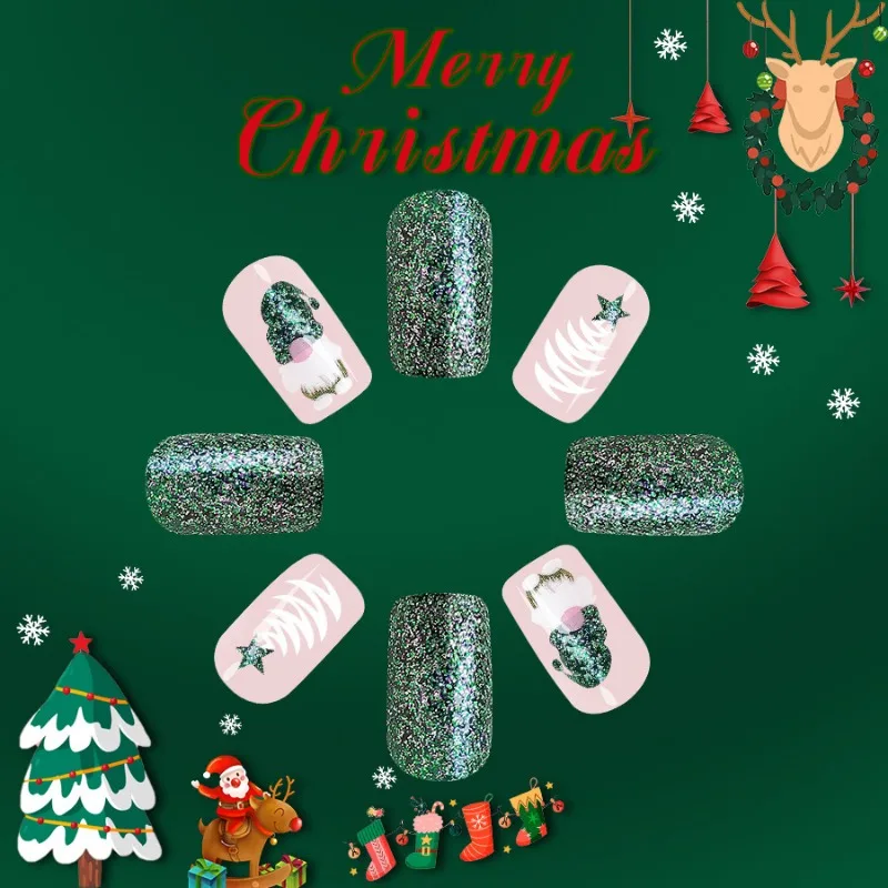 24 pçs curto natal quadrado unhas falsas papai noel árvore de natal glitter auto-adesivo unhas falsas verde escuro imprensa em unhas