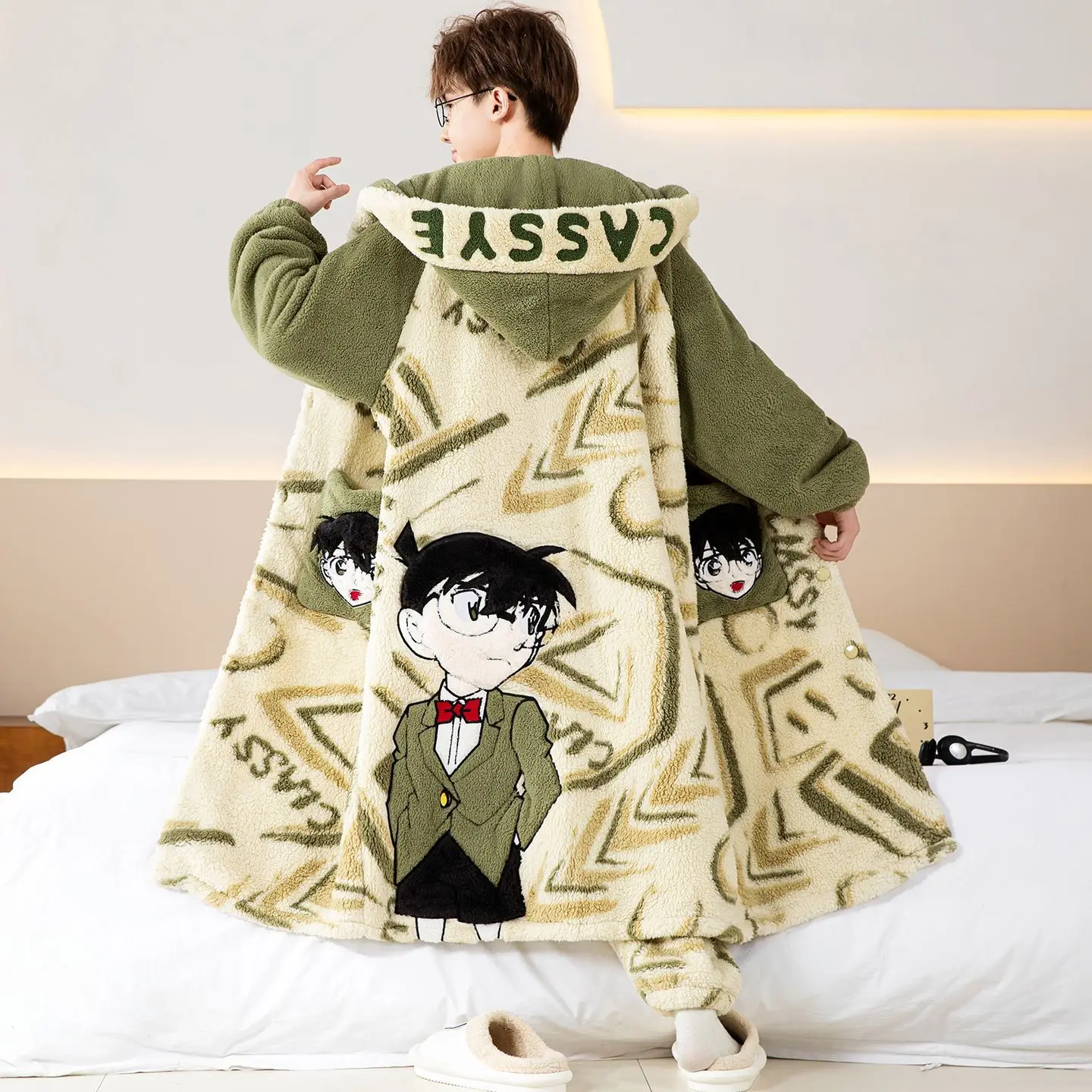 

Detective Conan Edogawa Conan Hooded Plush Robe Pajamas Set Long Sleeve Warm Loungewear Home Sleepwear Anime Daily Casual Wear