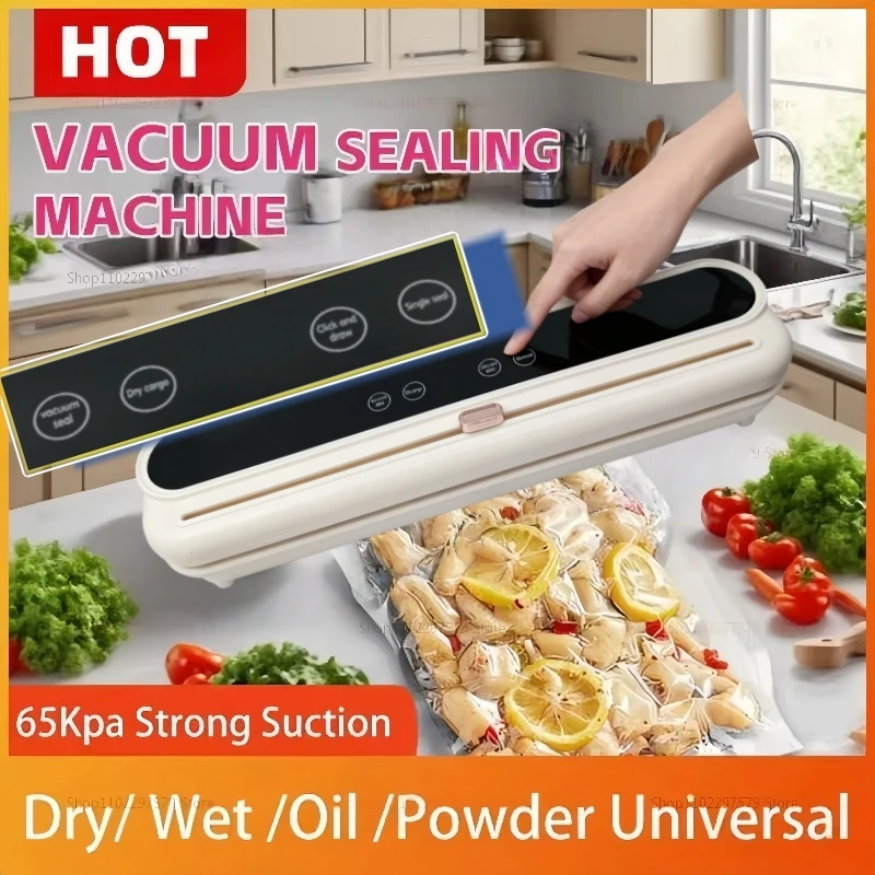 Sellador al vacío eléctrico, cortador incorporado, sello de almacenamiento de alimentos para cocina, botón táctil, sellado de alimentos secos/húmedos, máquina de vacío de embalaje