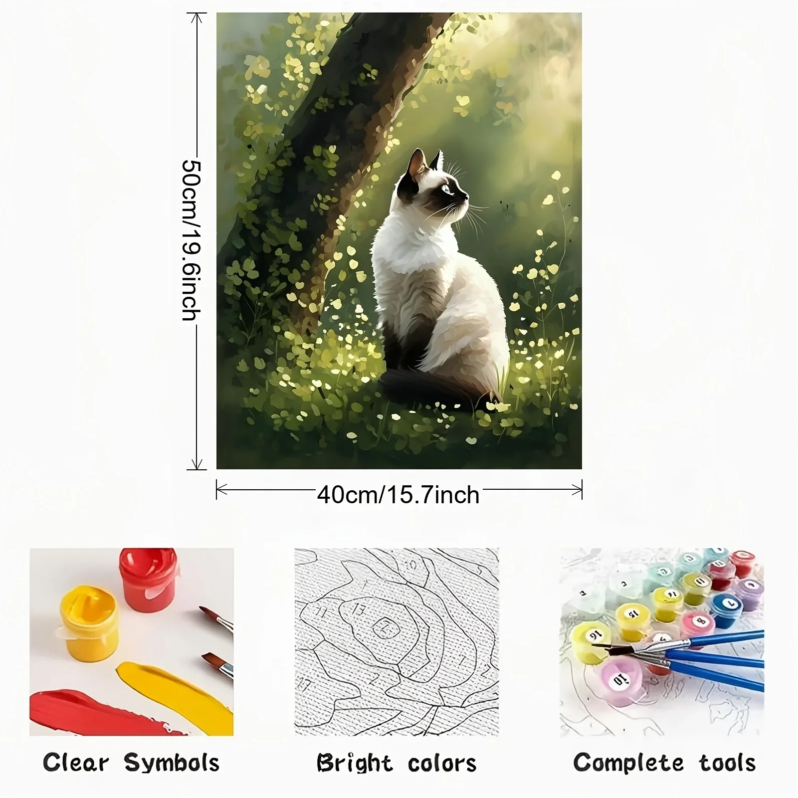 [2D Flat Frameless] [Professional Art Use] 1 Set of Digital Oil Painting Beginner Kit, Siamese Cat Under The Tree Gazing Sideway