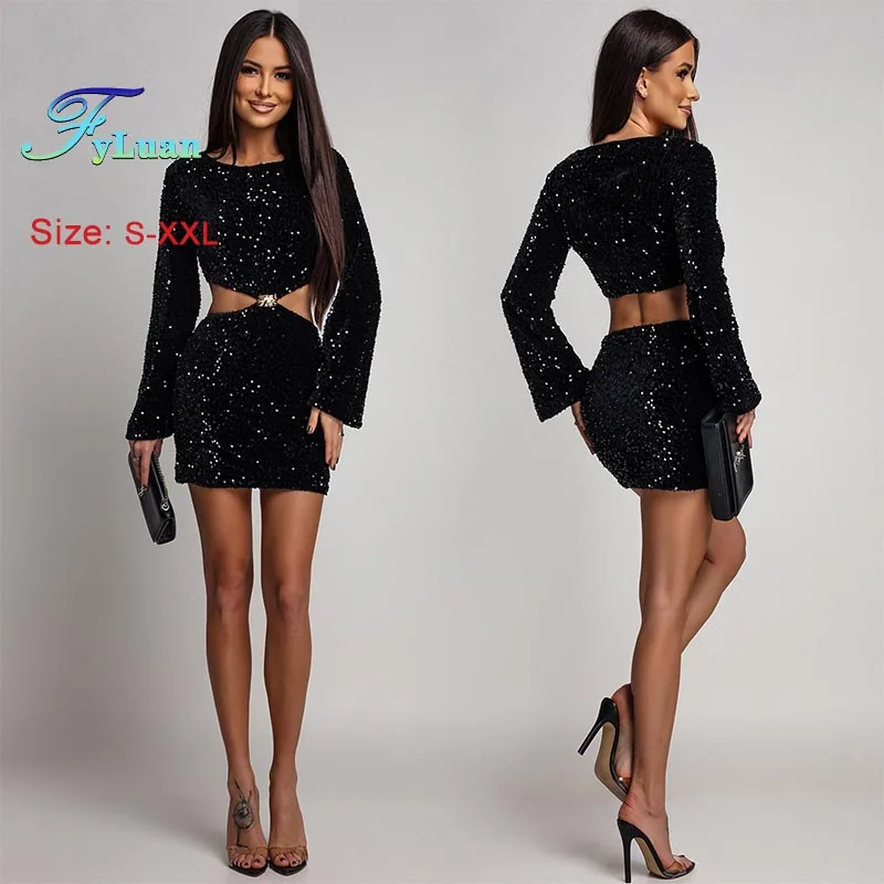

New Fashion Women Clothes Elegant Sequin Suede Off Waist Short Dress Black Round Neck Long Sleeve Mini Dress Birthday Party Gown
