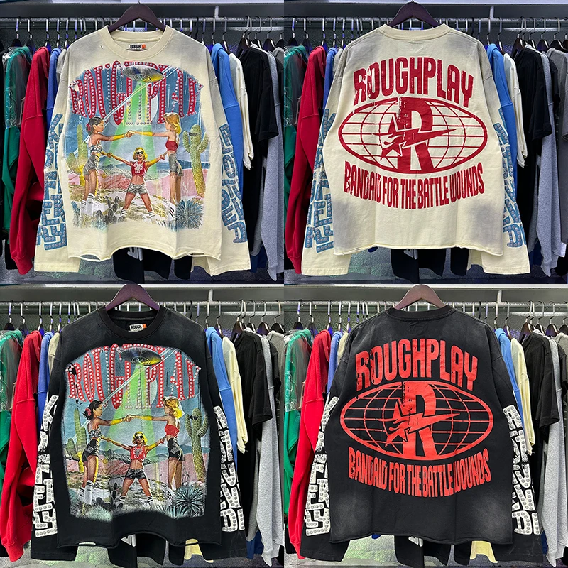 

RoughPlay Long Sleeve Vintage Print American Street High-Street Trend Casual Fashion Fake Two-Piece Unisex Long Sleeve T-Shirt