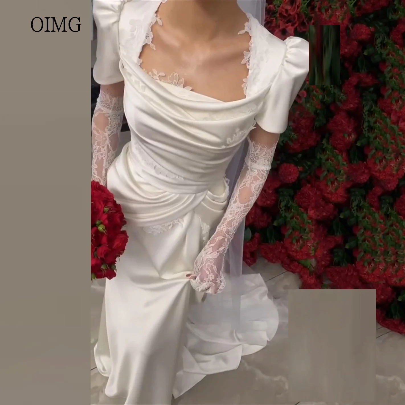 OIMG Simple Lace Mermaid Wedding Dress Square Neck Puff Sleeves Bride Dresses Pleated Floor Length Wedding Gown Customized