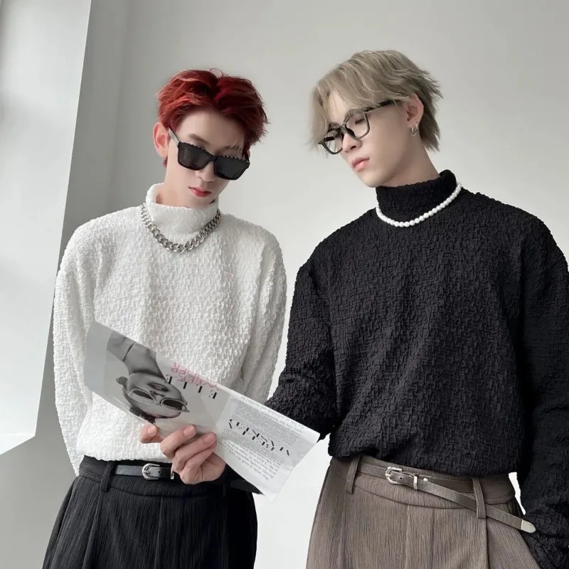 Solid Color Turtleneck Bottoming Shirt for Men Autumn and Winter Long-sleeved Pullover Loose Pleated T-shirt Top