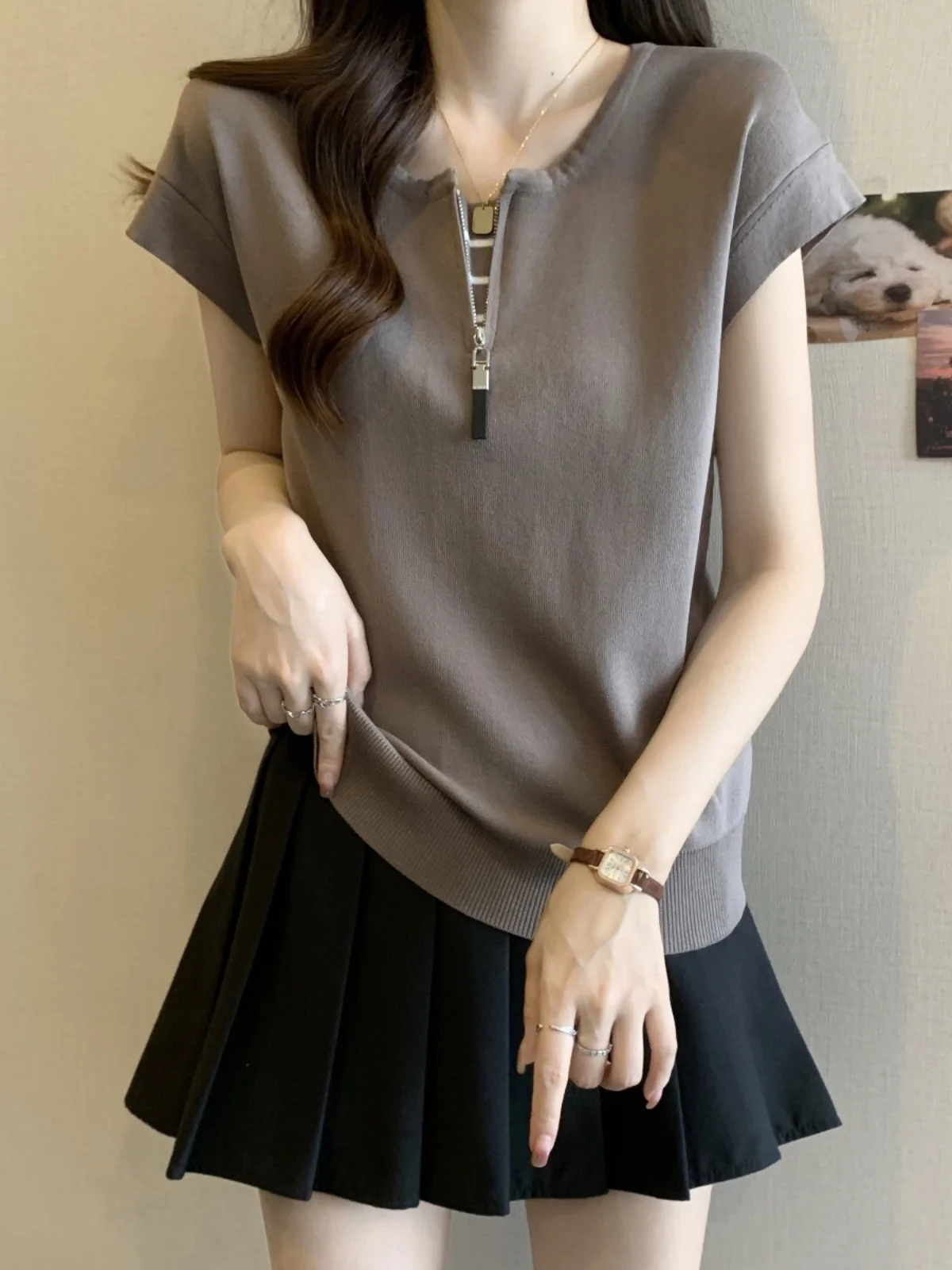 American Style Ice Silk T-Shirt Women's Summer Fashion plus Size Slimming Belly Covering Design Half Zipper Short Sleeve Top