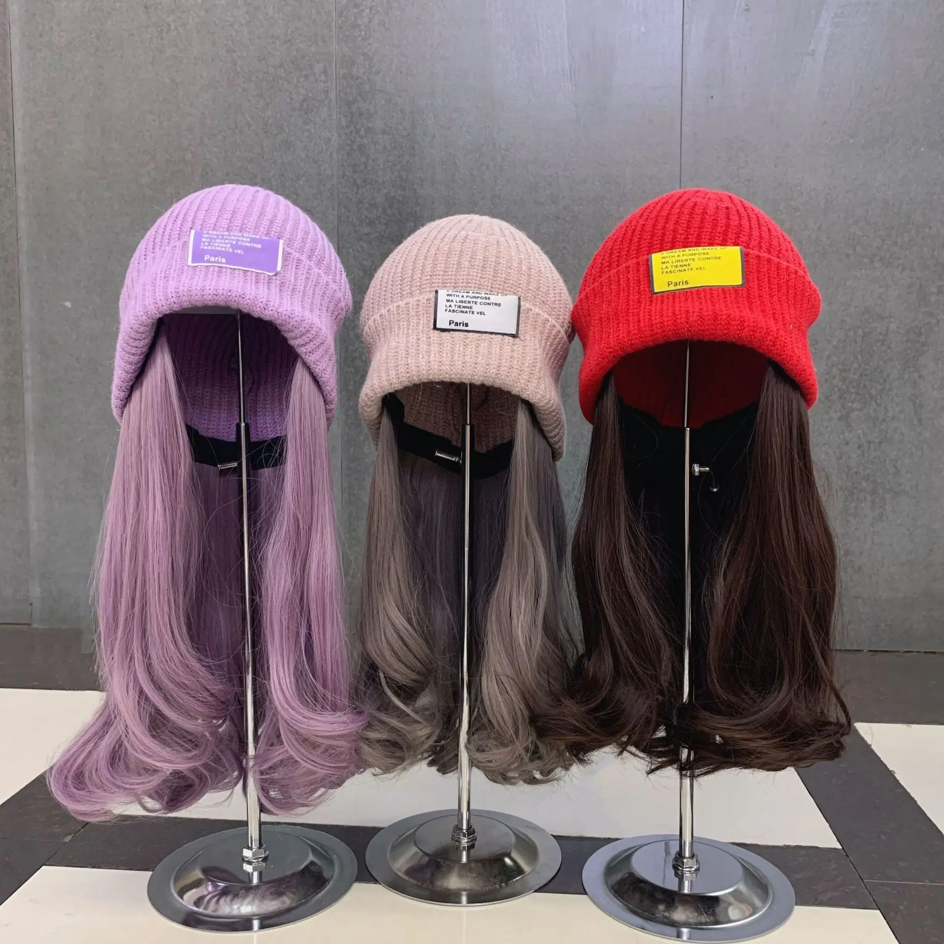 Purple curly hair knitted wig hat Korean version versatile bright silk knitted hat invisible detachable wig cold hat