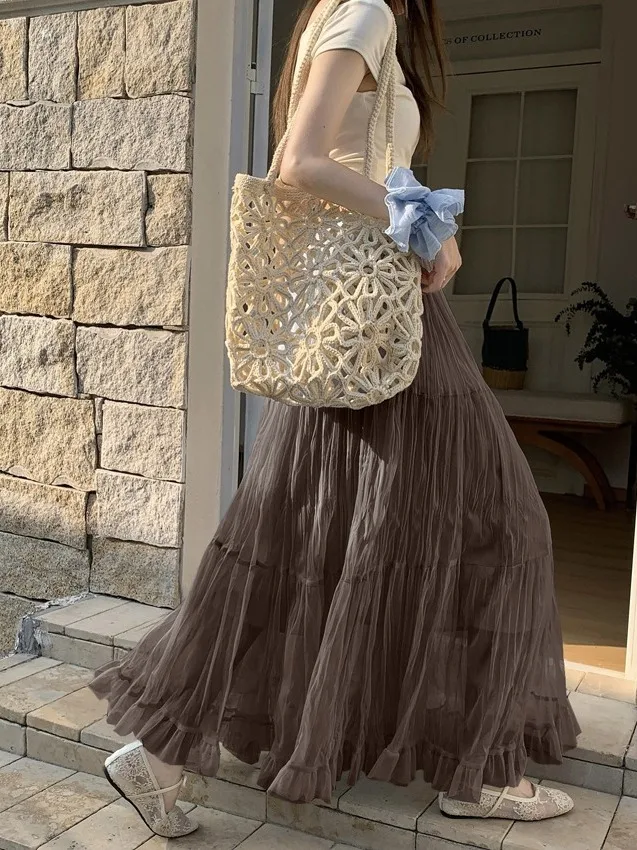 

Женская плиссированная тюлевая юбка миди А-силуэта Ce Au Lait, весна-лето, с эффектом многослойности, длинная, струящаяся, с большим оборотом