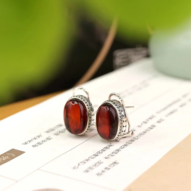 

S925 Silver Blood Women Oval Beeswax Flower Amber Cabochon Earrings
