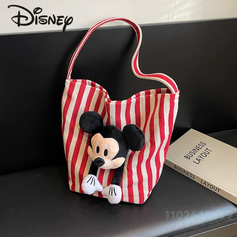 Disney Mickey Women\'s Handbag Fashion High Quality Girls\' Commuter Bag Cartoon Stripe Large Capacity Women\'s Shopping Bag