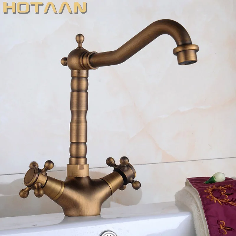 Basin Faucets Antique Brass Bathroom Sink Faucet 360 Degree Swivel Spout Double Cross Handle Bath kitchen Mixer Hot and Cold Tap