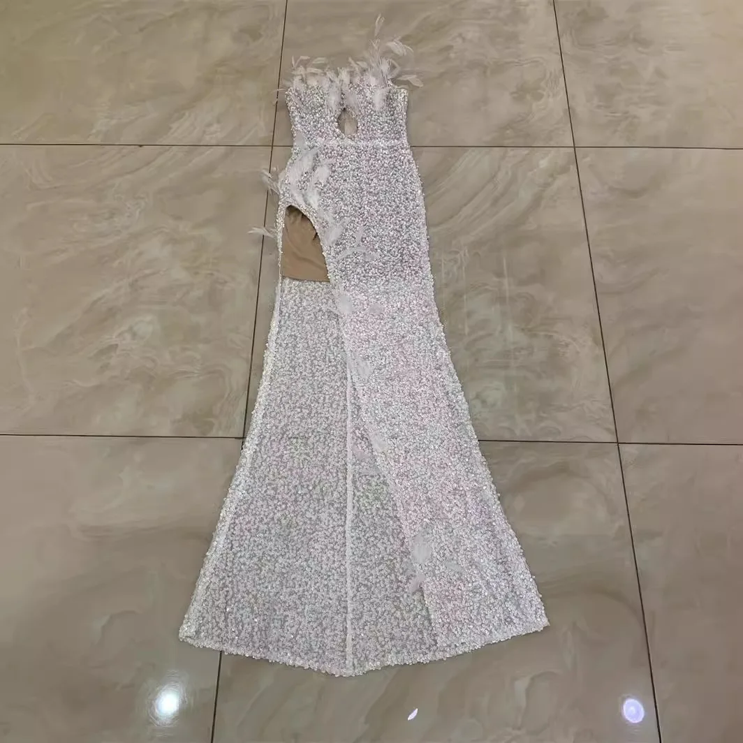 Ele Feathers Pailletten Perlen Hoher Schlitz Weiß V-Ausschnitt Träger Dr Abendhochzeitskleid Thi Gestrickte Baumwolle Hohe Taille