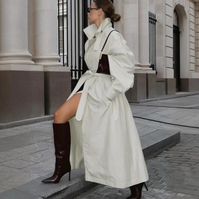 

Tornova High Street Long Trench Coat Women's Casual Button Lapel Pocket Loose Retro Splicing Coat Autumn Winter Female Trench