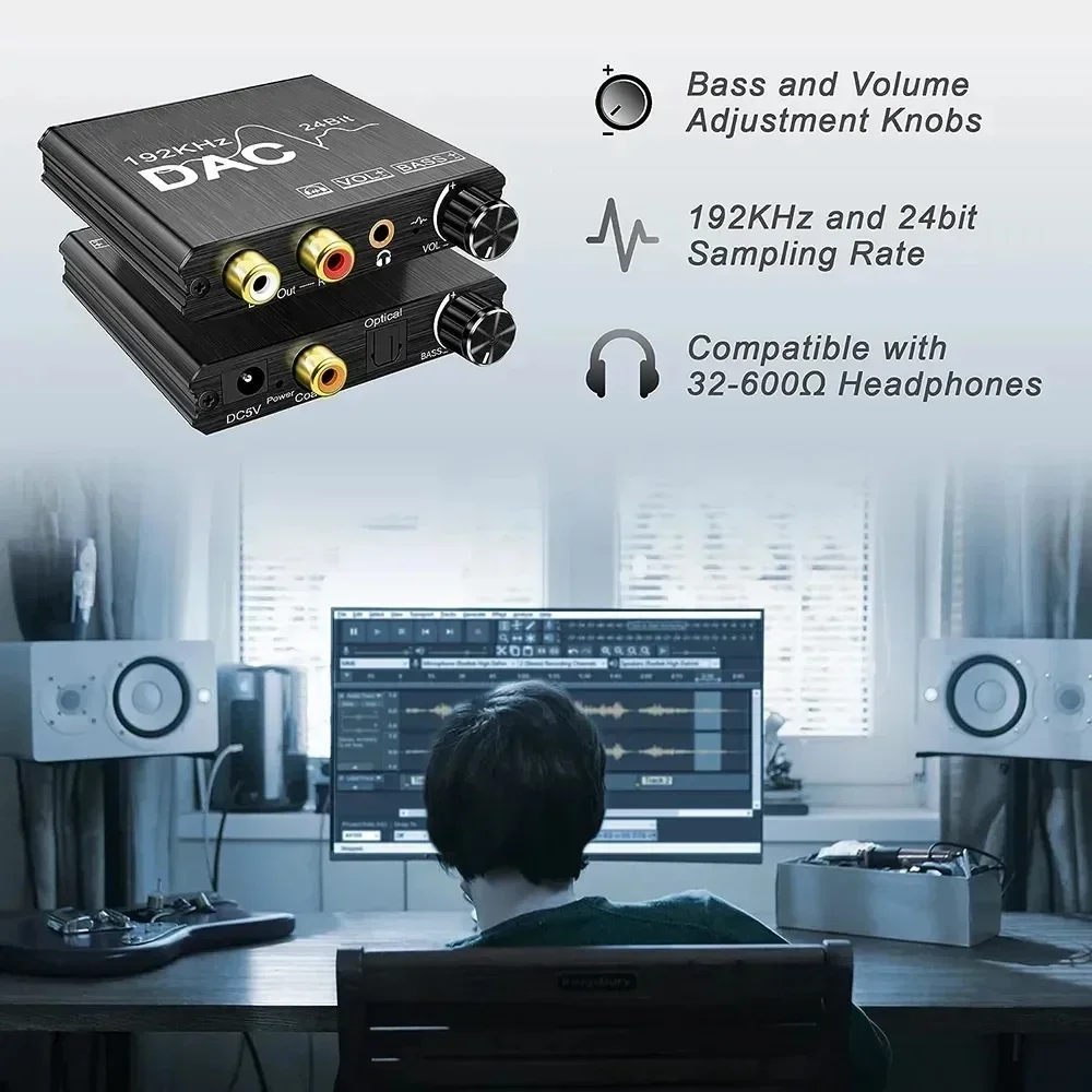 デジタル - アナログ オーディオ コンバーター 192KHz DAC デジタル SPDIF 同軸光 - L/R RCA オーディオ アダプター、低音と音量コントロール付き