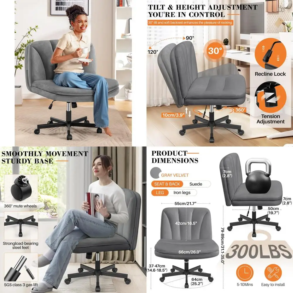 

Cross-Legged Office Chair with Wheels, Wide Velvet Desk Chair, Armless Comfortable Vanity Seat