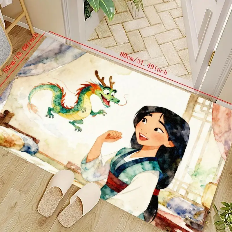 

1 шт., акварельный мультяшный коврик Disney Princess Mulan & Mushu Dragon, мягкий нескользящий напольный коврик (50x80 см/19,68 "x 31,49") для