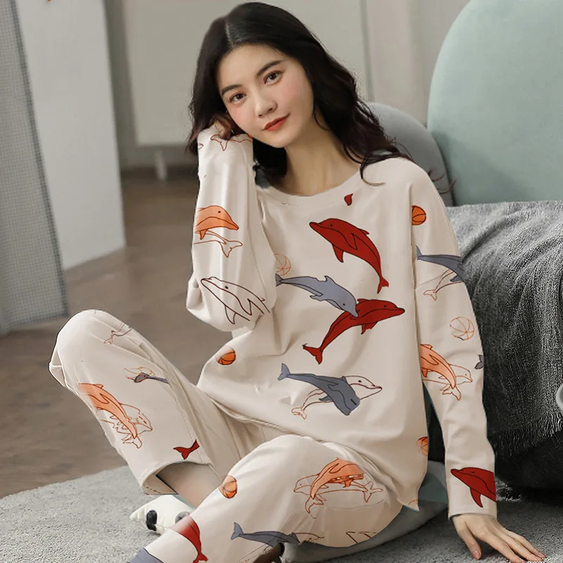 Spring Autumn Womens Polyester Pajamas Plaid Cartoon Sleepwear Long Set Home Service Women\'s Loose Casual Suit Large Size 5XL