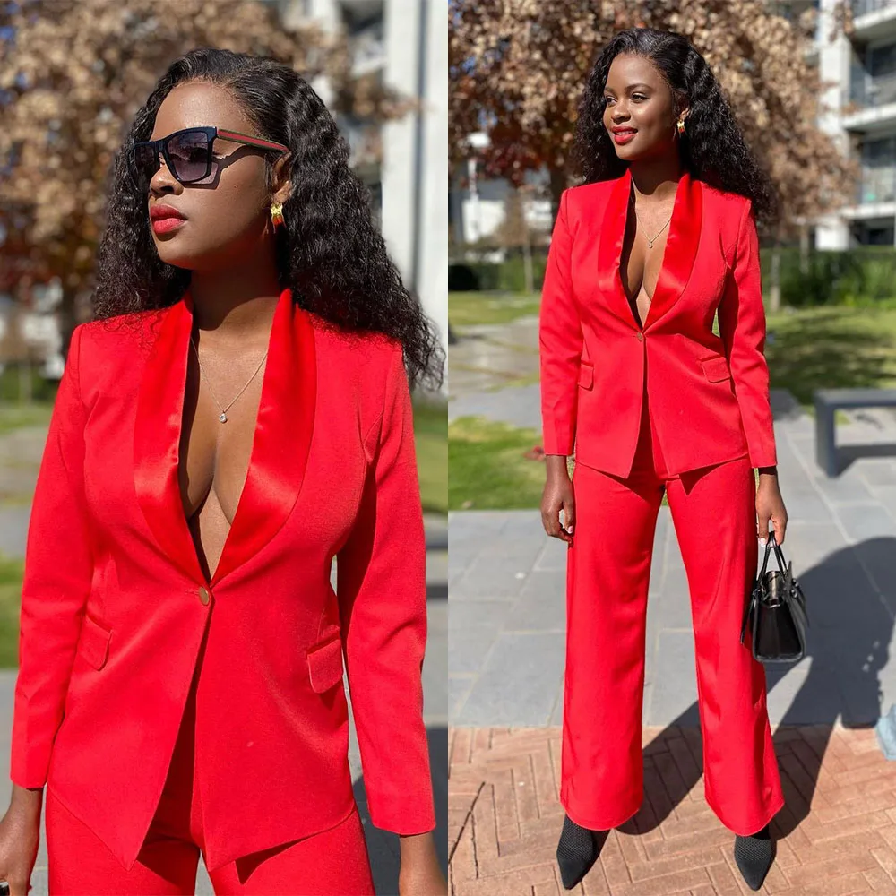 High Quality Casual Red Pants Suits Two Piece Set 2022 Summer V Neck Ladies Blazer Jacket Business Attire