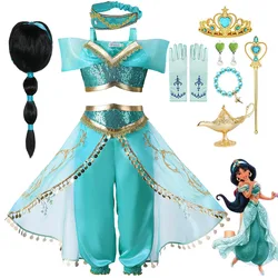 Disney 2024 Girls Jasmine Dress Aladdin Princess Magic Lamp Carnival Clothing Vestidos Halloween Party Cosplay Costume