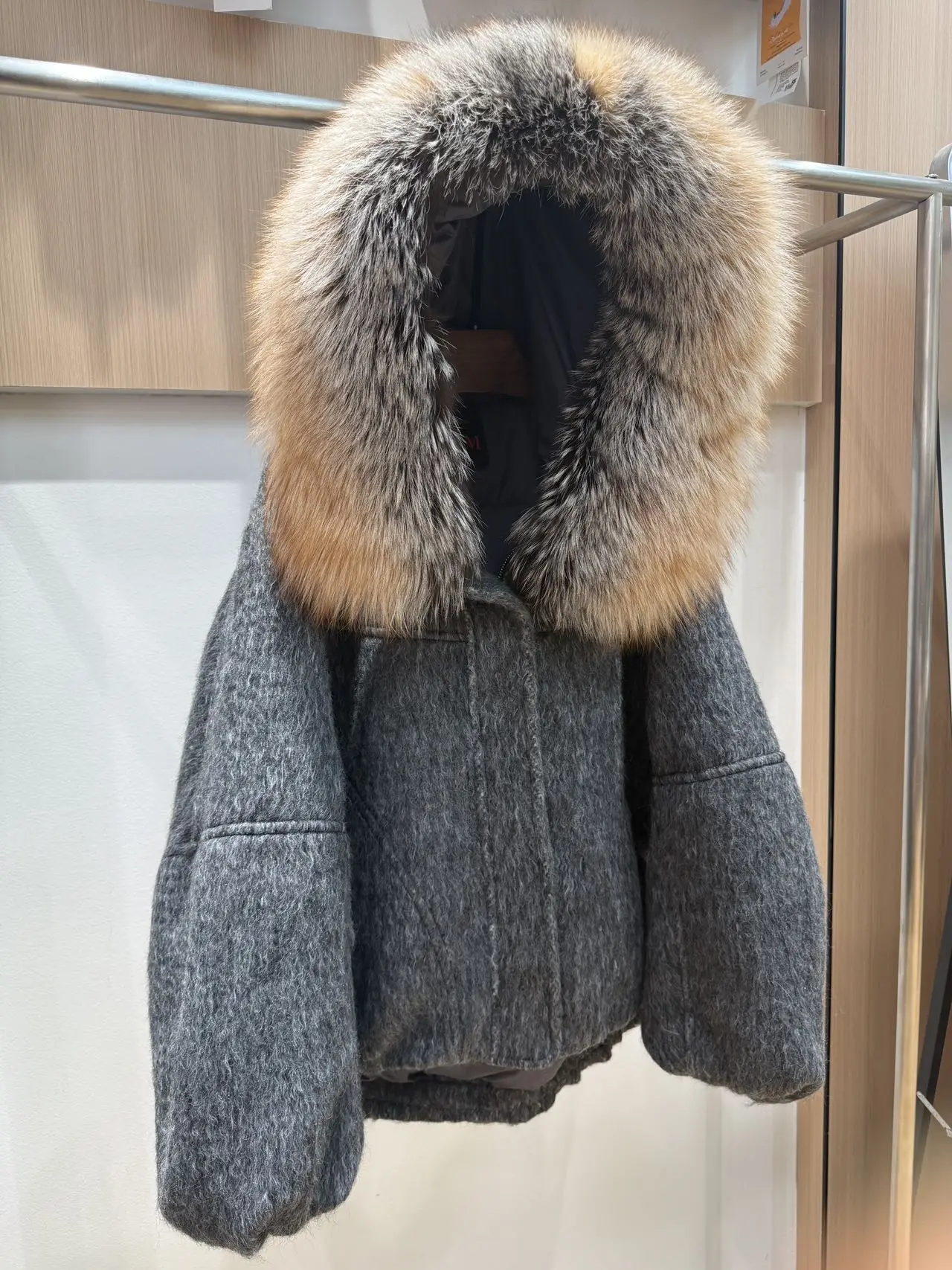 معطف نسائي بياقة من الفرو من القماش الصوفي من Goose Down Puffer Jaet ort Thiened مع قبعة وياقة من الفرو #5