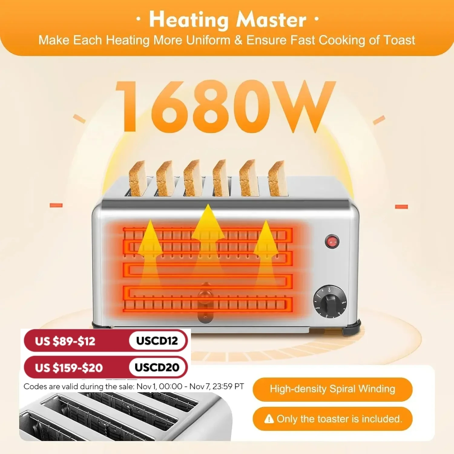 

6 Slice Toaster with 5 Bread Shade Settings, Commercial Bread Baking Machine 1.1in Wide Slot, 1680W, 201 Stainless Steel