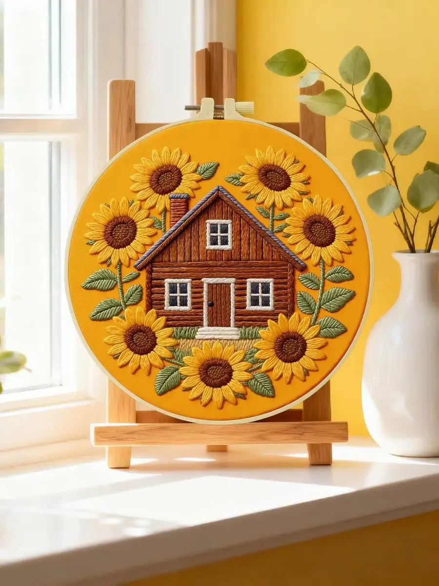 1 Stück 20X20CM/15X15CM 7,87/6,3 Zoll Sonnenblumen-Stickerei-Starter-Kit für Zuhause DIY-Kit DIY-Stickerei-Set Handarbeiten Nadelkunst – Detail 6