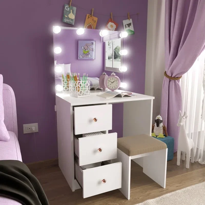 

# White Dresser Mirrored Mirror Furniture Dressing Table Set Vanity Led Mirror Stool Living Room Dressing Table Drawers Lights