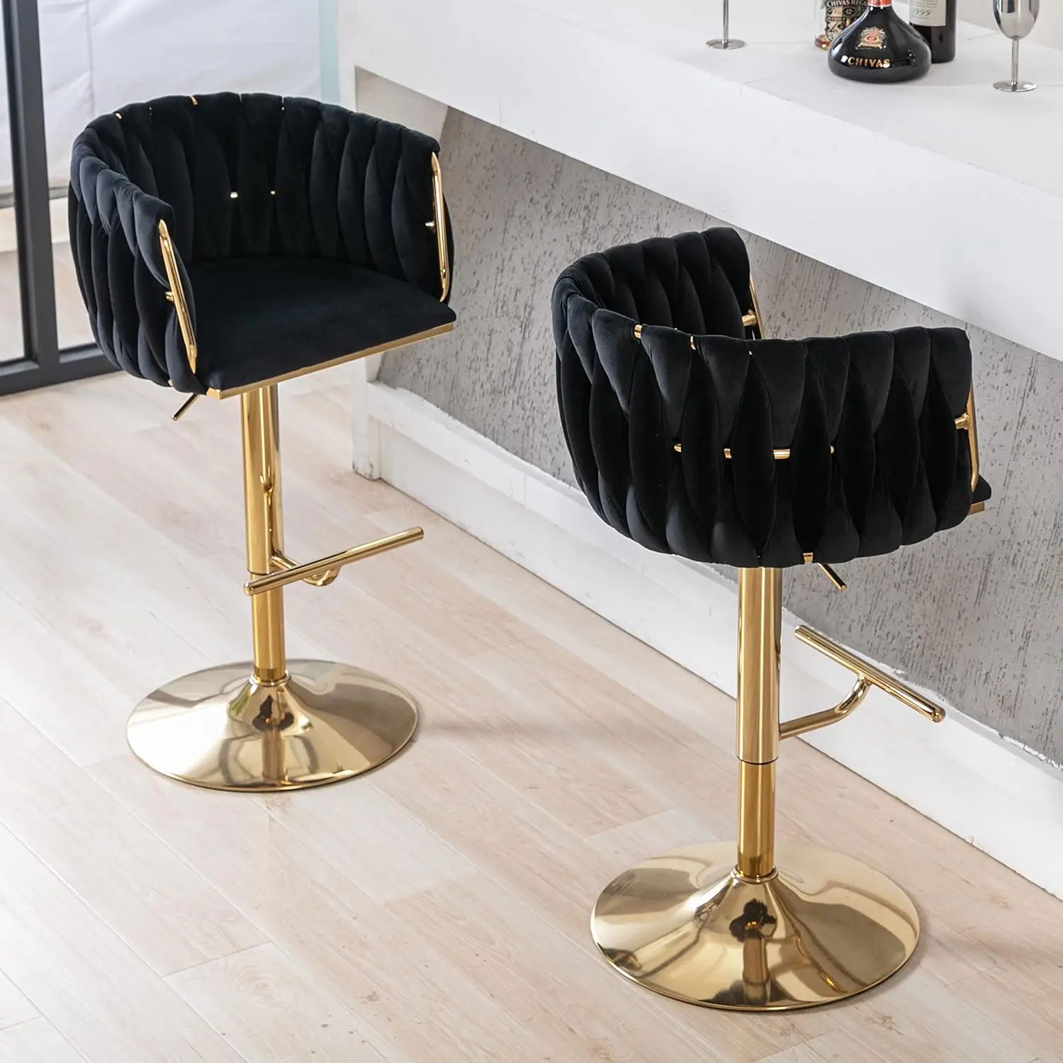 

DUOMAY Modern Swivel Bar Stools Set of 2, Velvet Adjustable Height Barstool with Barrel Back Kitchen Island Counter.