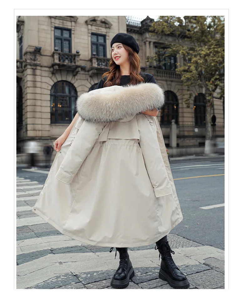 Women Hooded Parkas Coats Long Jackets Solid Detachable Big Fur Lenth Collar Zipper Drawstring Slim Fit Thick Casual 2025 Winter