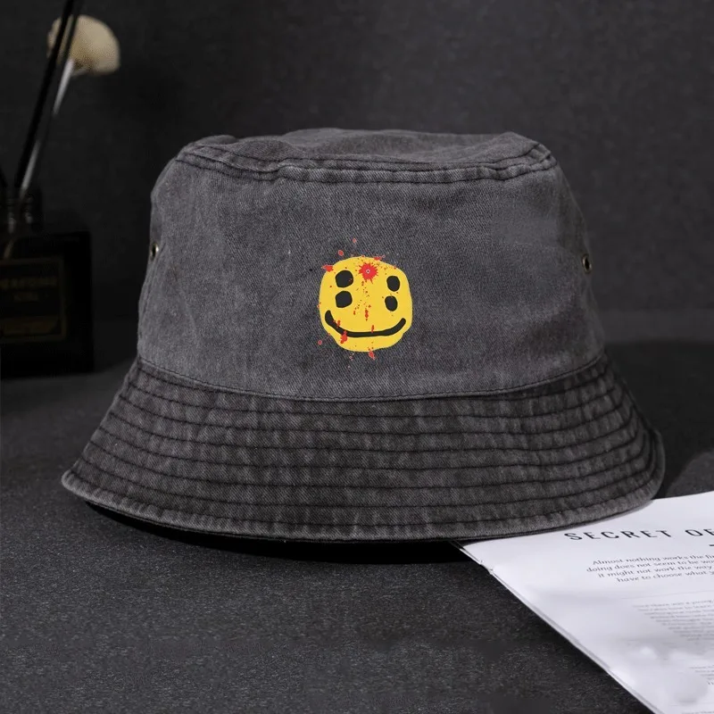 Vintage Washed Distressed Bucket Hat With Graffiti Smiling Face Art Print Logo Unisex Cotton Fisherman Cap Streetwear Sun Hats