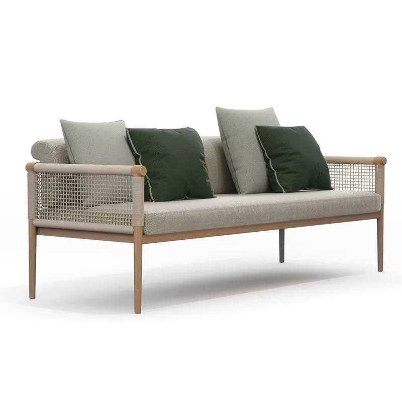 Modern and durable teak outdoor dining set with single sofa and patio table for use in café lounges and parks