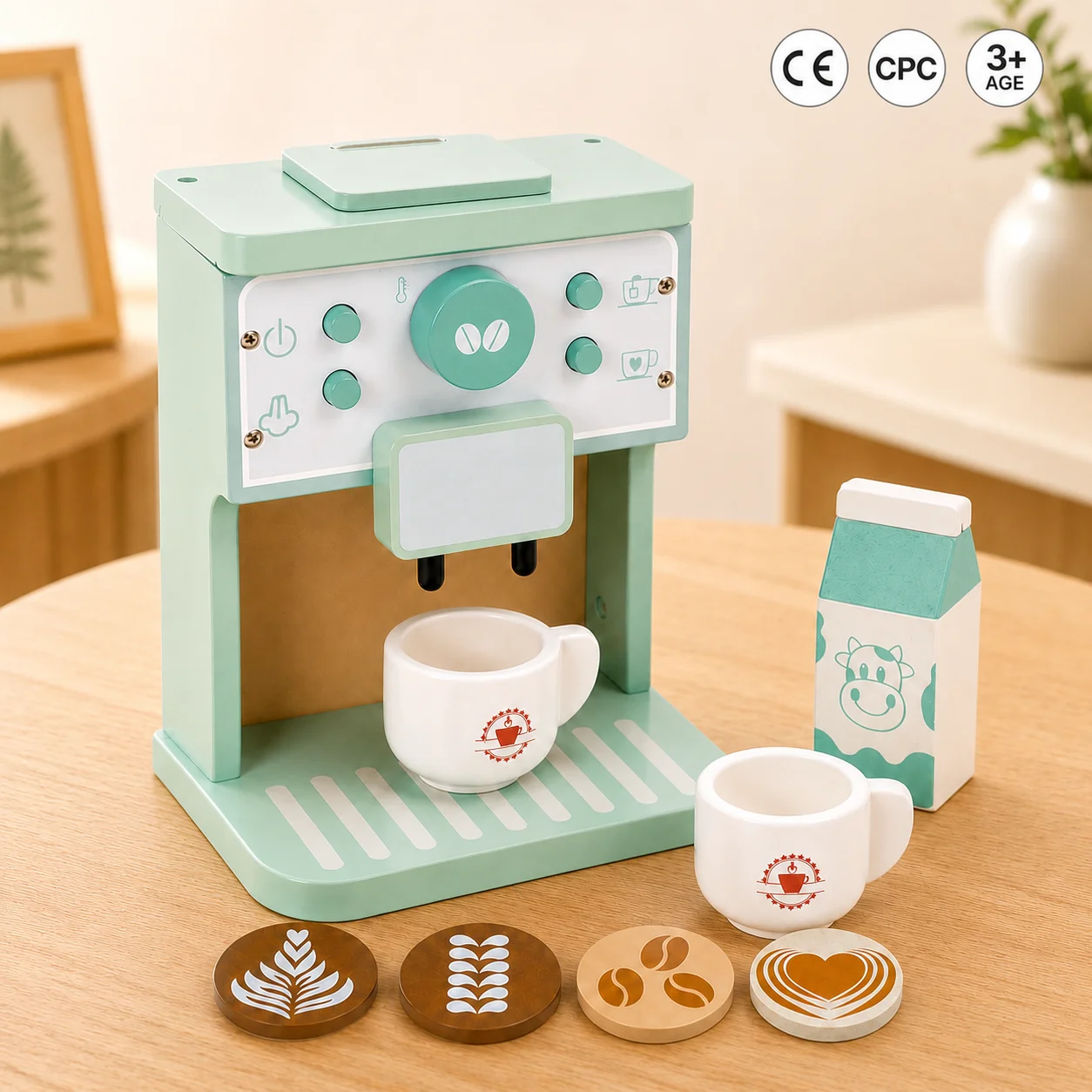 Wooden Coffee Maker Toy for Kids Pretend Play Kitchen Montessori Espresso Machine Barista Set Toddler Girls Birthday Gift 3+