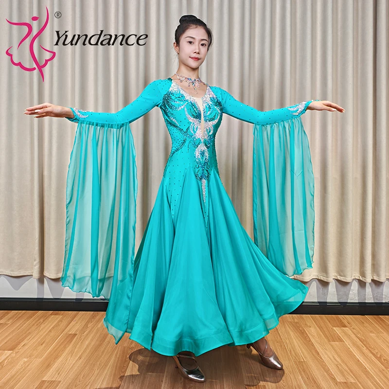 B-26074 Yundance Custom Turquoise Chiffon Rhinestone Ballroom Dance Dress Flowing Skirt Standard Stage Wear Long Gown