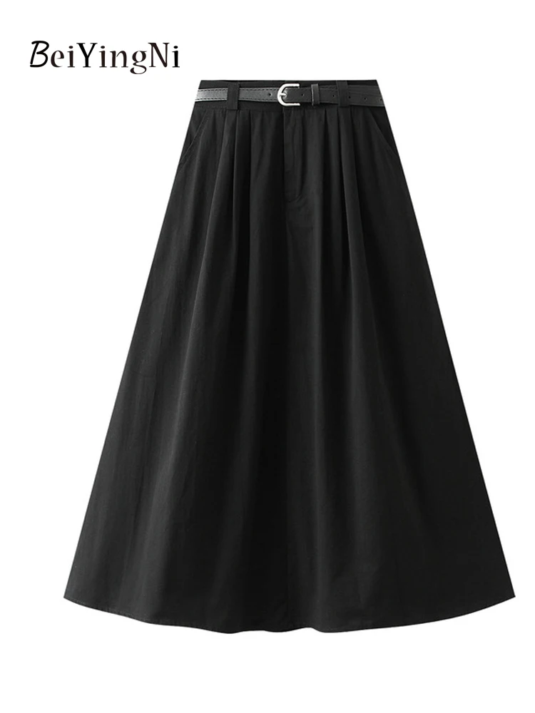 Beiyingni Japanese Style Women A-line Midi Skirt With Belt Plain High Street Preppy Elegant A-lineUmbrella Skirts White Black