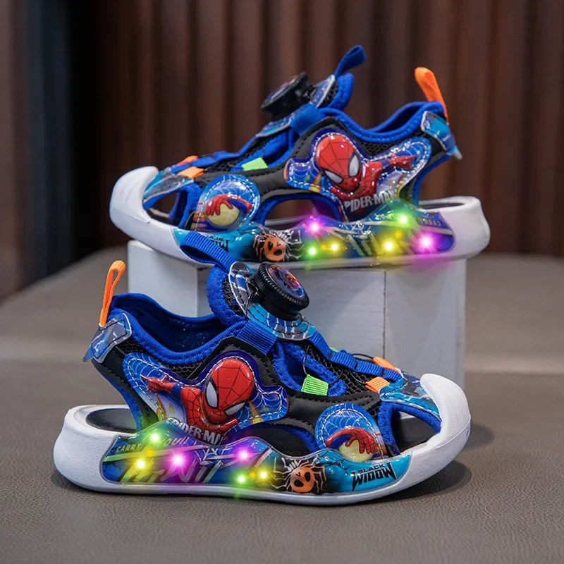 Disney Anime Spiderman Sandals Baby Boys Fashion Dazzling Cool With Led Light Luminescent Shoes Protecting Toe Beach Sandals